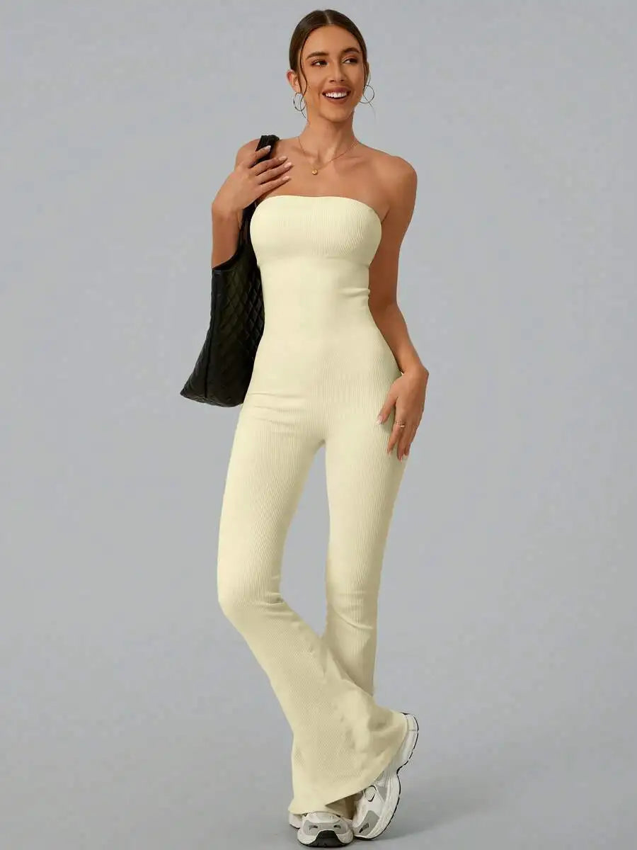 Solid Color Seamless Tube Top Bodysuit - Slimming Jumpsuit Stretch Flare Pants