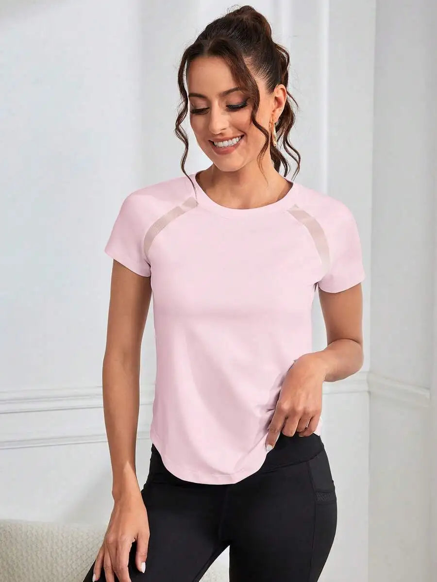 Solid Color Round Neck Short Sleeve Raglan T-Shirt Breathable Gym Top