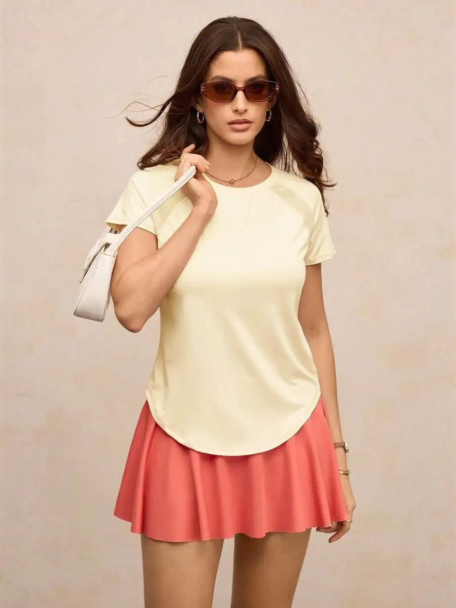 Solid Color Round Neck Short Sleeve Raglan T-Shirt Breathable Gym Top