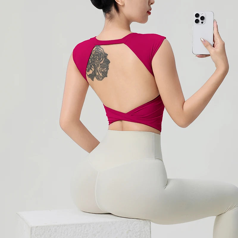 Backless Fitness with Fixed Chest Pad - Short Sleeve T-Shirt Yoga Wear