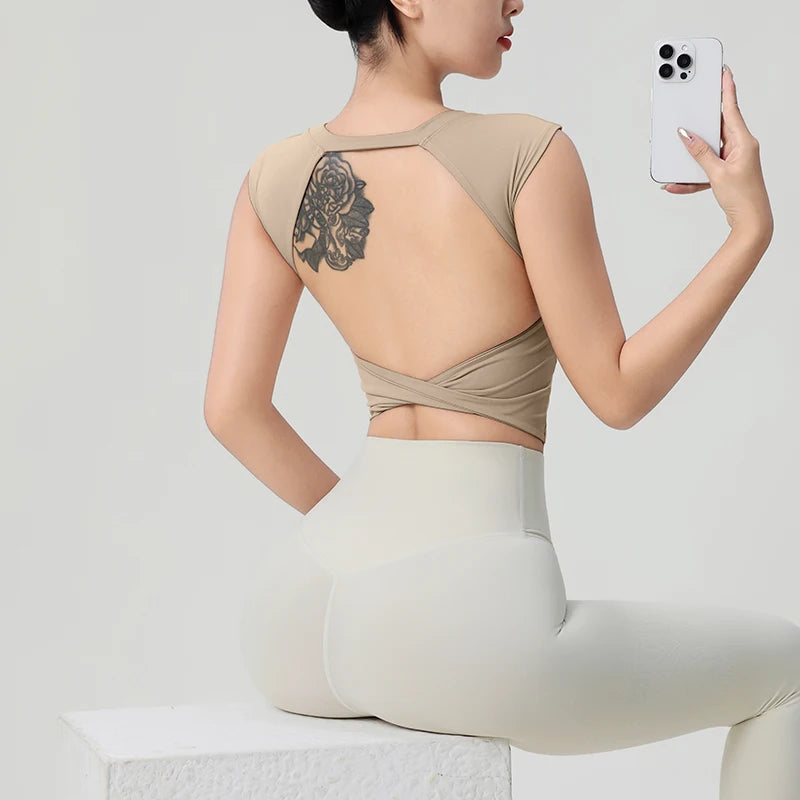 Backless Fitness with Fixed Chest Pad - Short Sleeve T-Shirt Yoga Wear