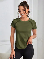 Solid Color Round Neck Short Sleeve Raglan T-Shirt Breathable Gym Top