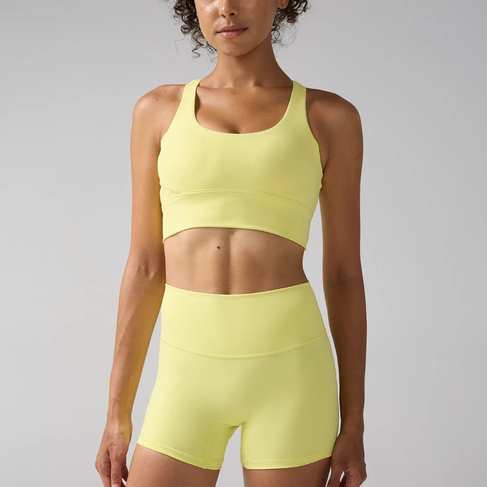 2 Piece Short Set - Beautiful Cross Back Yoga Bra & High Waist Elasticity Yoga Shorts