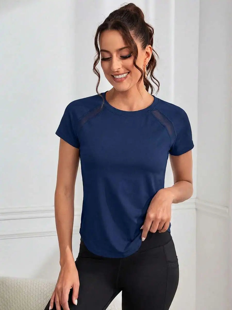 Solid Color Round Neck Short Sleeve Raglan T-Shirt Breathable Gym Top