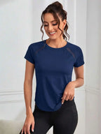 Solid Color Round Neck Short Sleeve Raglan T-Shirt Breathable Gym Top