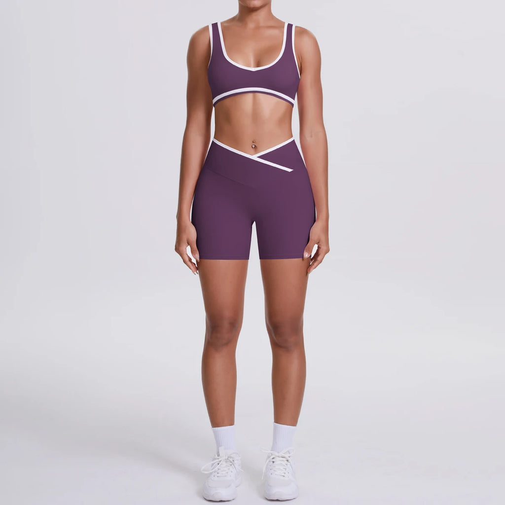New Yoga Bra Fitness Shorts Set - High Waist Crossover Design
