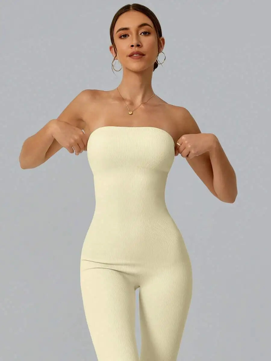 Solid Color Seamless Tube Top Bodysuit - Slimming Jumpsuit Stretch Flare Pants