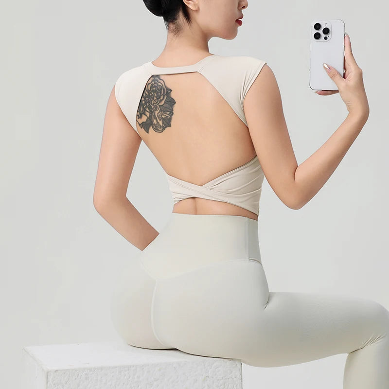 Backless Fitness with Fixed Chest Pad - Short Sleeve T-Shirt Yoga Wear