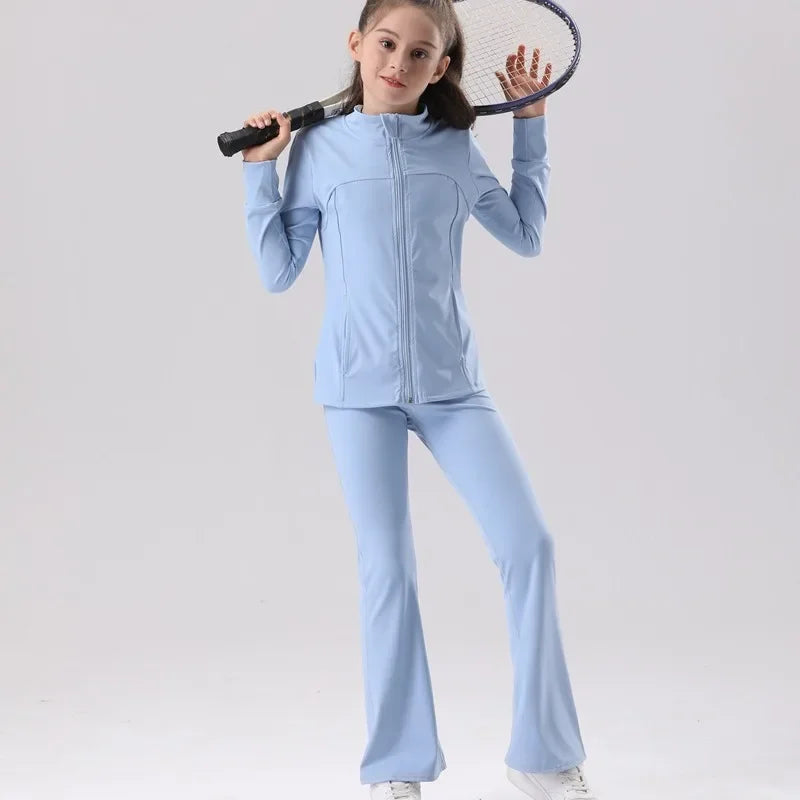 Kids' UV Protection Yoga Set European & American Style Long Sleeve Workout Outfit - Breathable Solid Color Sportswear for Girls