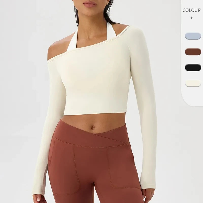 Long Sleeve T-Shirt for Women - Off Shoulder, Sexy Tight Gym Workout Top