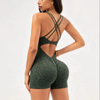 Green Leopard Print Cross Back Jumpsuit - Ruched Butt Lifter Shorts Bodysuit