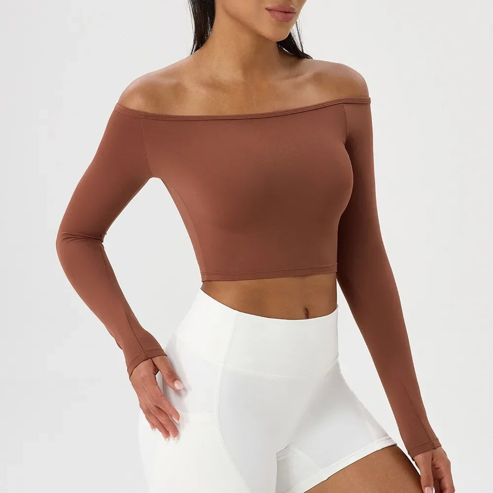 Long Sleeve T-Shirt for Women - Off Shoulder, Sexy Tight Gym Workout Top