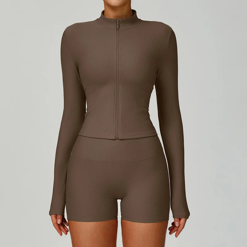 Threaded Stand Collar Slim Fit Yoga Jacket - Slimming Outdoor Windproof Top
