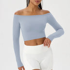 Long Sleeve T-Shirt for Women - Off Shoulder, Sexy Tight Gym Workout Top