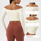Long Sleeve T-Shirt for Women - Off Shoulder, Sexy Tight Gym Workout Top