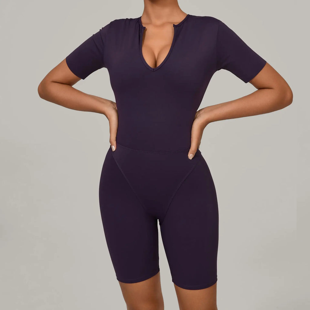 One-piece Yoga Suit U Collar Short Sleeve Fitness Jumpsuit