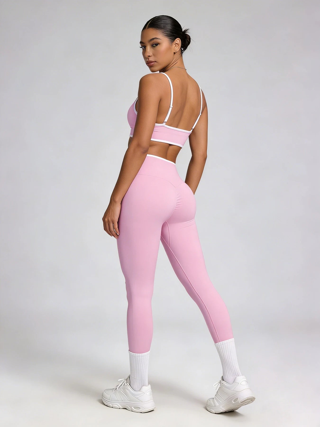 2Pcs Contrast Trim Yoga Outfit - Spaghetti Strap Sports Bra High Waist Leggings