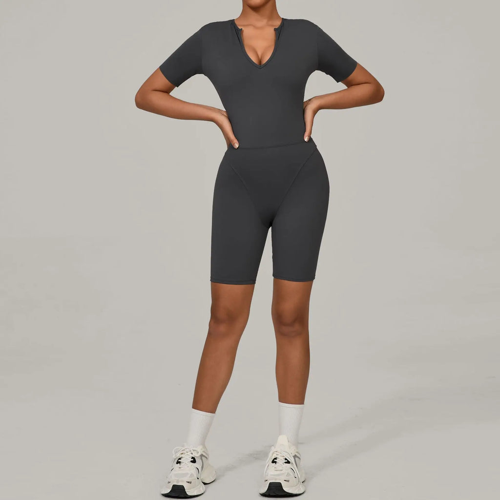 One-piece Yoga Suit U Collar Short Sleeve Fitness Jumpsuit